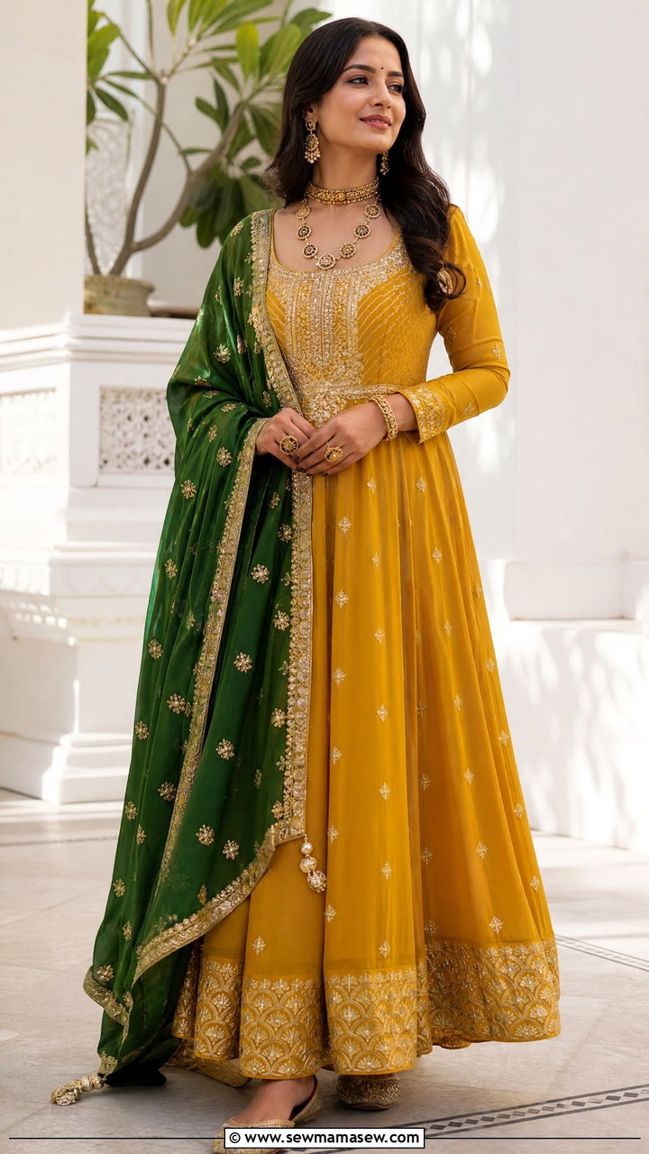 Mustard Yellow Anarkali for Karwa Chauth - 25 Karwa Chauth outfit ideas