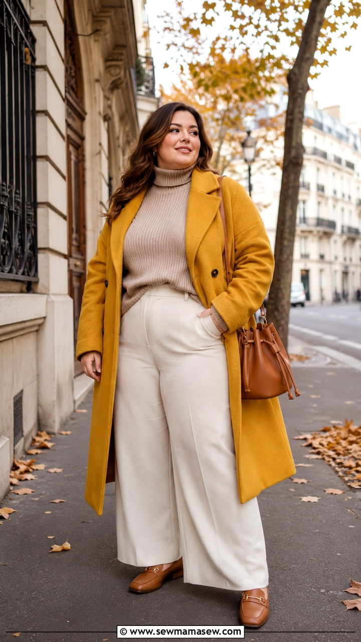 Mustard Yellow Coat with Cream Wide Leg Trousers - 25 Plus size outfit ideas Parisian