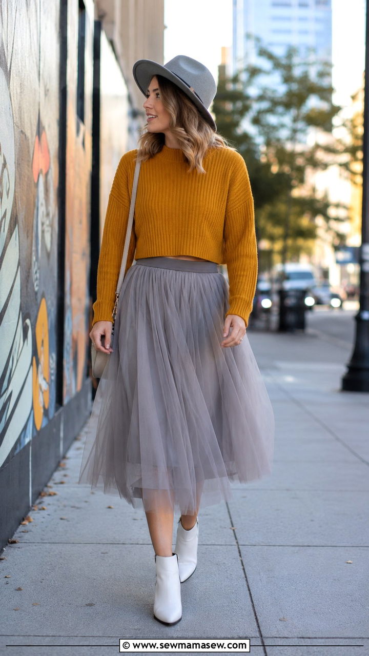 Mustard Yellow Cropped Sweater With Gray Tulle Midi Skirt - 20 Tulle skirt outfit ideas with a sweater