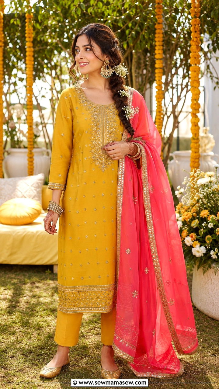 Mustard Yellow Embroidered Kurta Set - 25 Wedding guest outfit ideas Mehndi ceremony