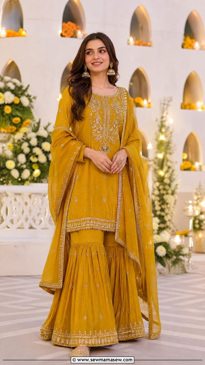 Mustard Yellow Gharara Set With Zardozi Embroidery - 30 Mehndi outfit ideas