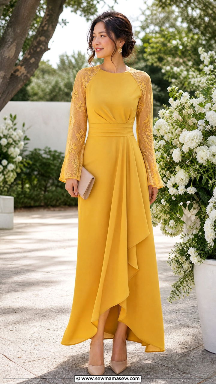 Mustard Yellow Gown With Long Sheer Sleeves - 30 classy spring wedding guest outfit ideas