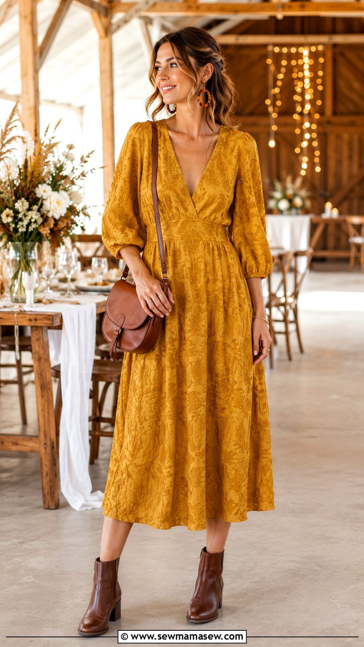 Mustard Yellow Jacquard Midi Dress Barn Wedding Guest - 25 Wedding guest outfit ideas jacquard dress