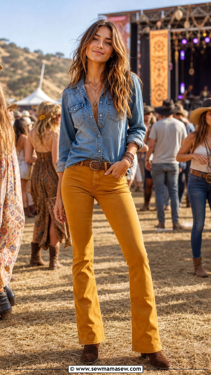 Mustard Yellow Jeans With Denim Shirt And Ankle Boots - 40 Colored jeans outfit ideas