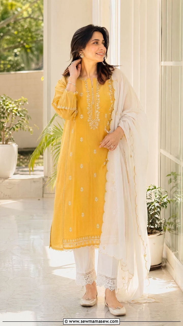 Mustard Yellow Kurta Set with White Straight Pants - 35 Eid outfit ideas for moms