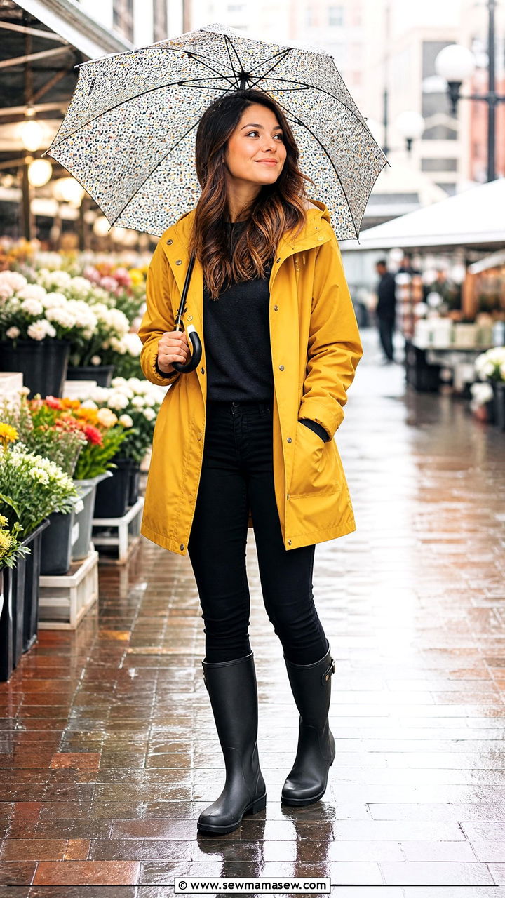 Mustard Yellow Raincoat and Black Pants Spring Rain Outfit - 25 Spring rain outfit ideas