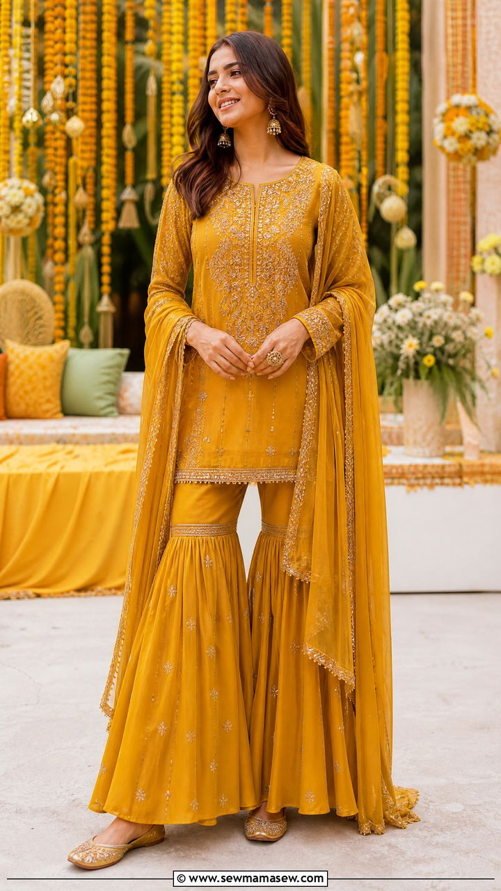 Mustard Yellow Sharara Set With Mirror Work - 35 Matching set outfit ideas for wedding guest