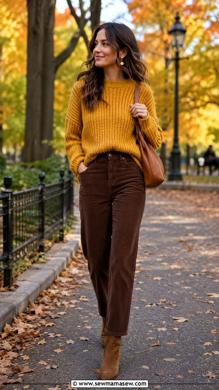 Mustard Yellow Sweater With Brown Corduroy Pants Outfit - 30 Warm tone outfit ideas