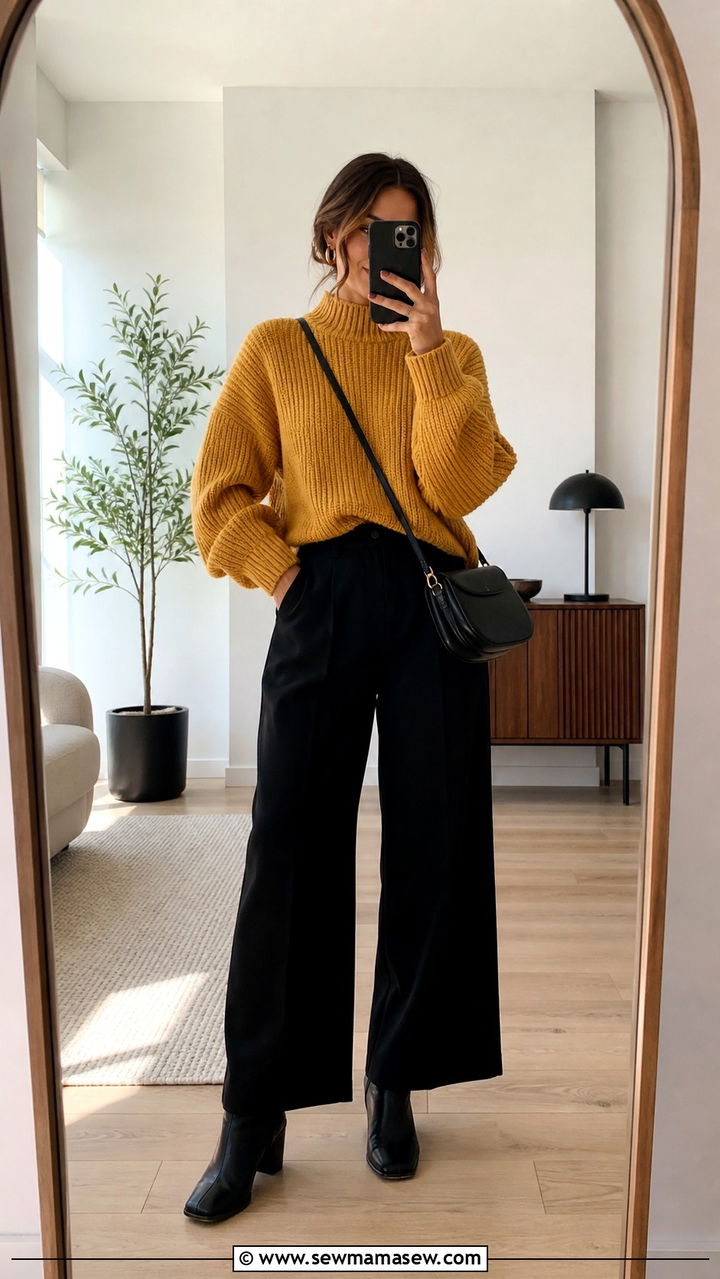 Mustard Yellow Sweater with Black Pants - 40 Yellow outfit ideas