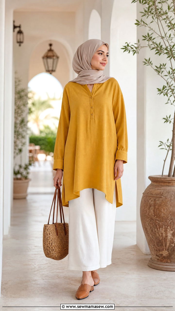 Mustard Yellow Tunic With White Wide Leg Pants - 25 March Ramadan outfit ideas