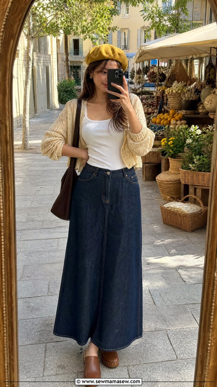 Mustard beret with a denim maxi skirt - 35 Beret outfit ideas