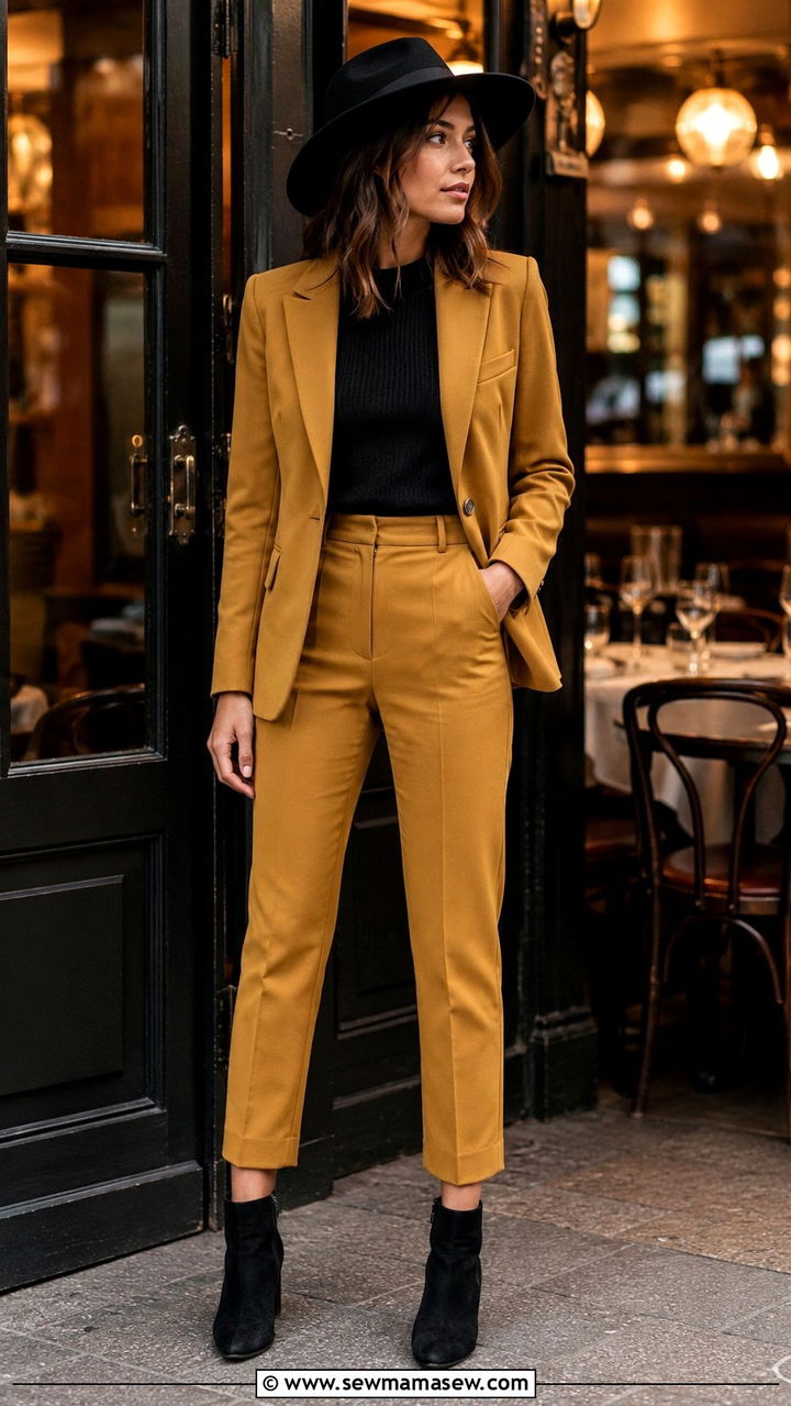 Mustard blazer with matching slacks - 20 French girl outfit ideas Lea Seydoux