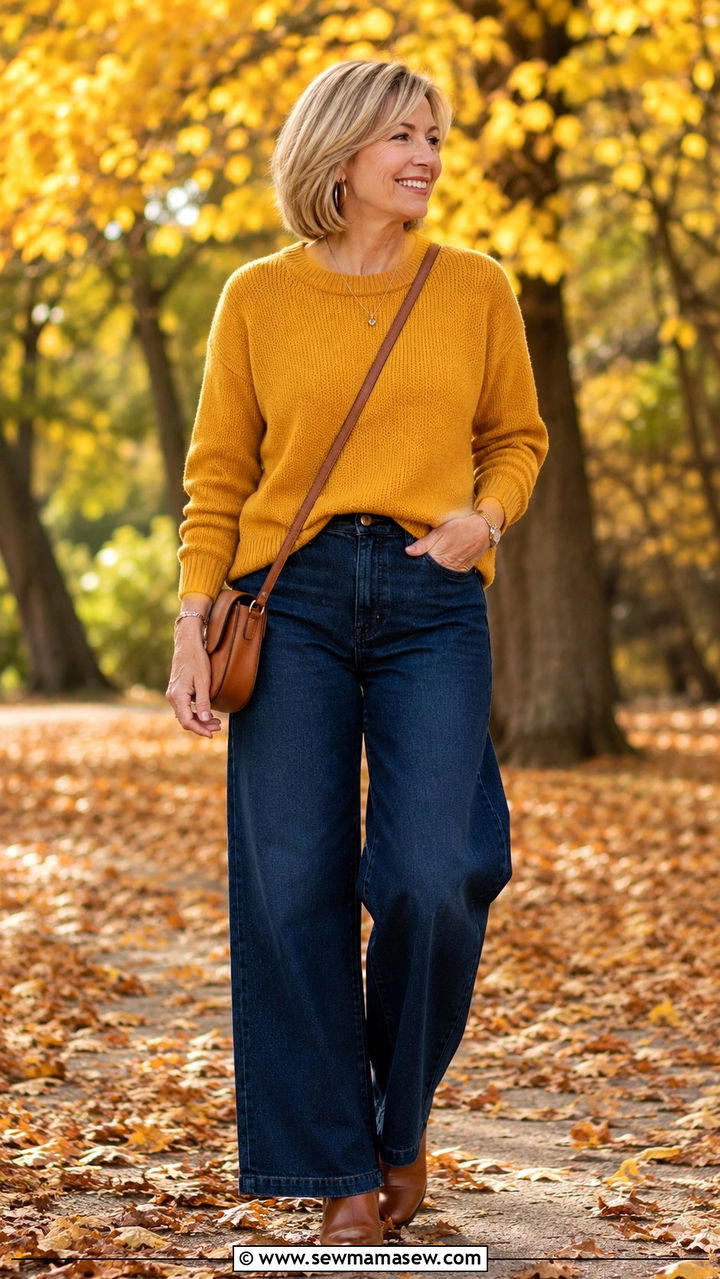 Mustard sweater and wide leg jeans over 50 - 20 How to style wide leg jeans over 50