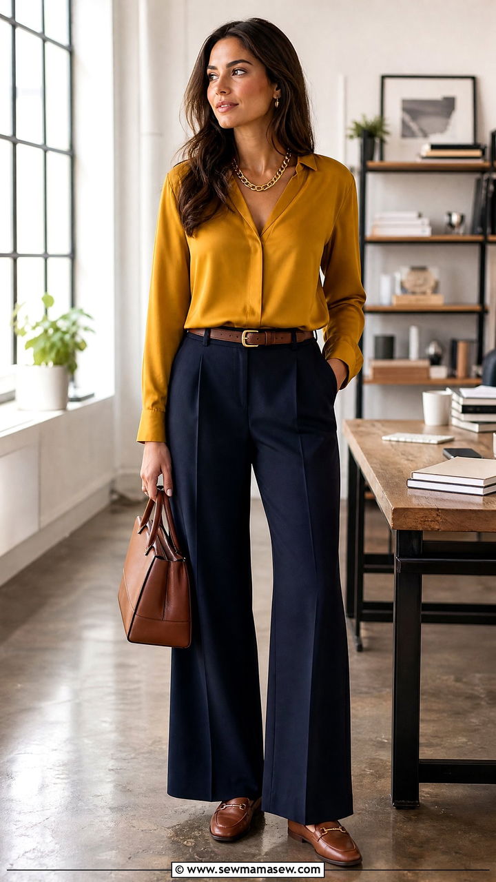Mustard yellow blouse with navy trousers - 35 Jewel tone outfit ideas