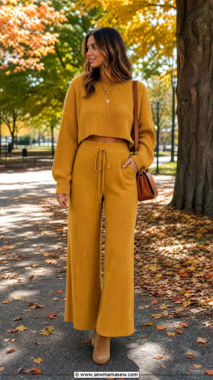 Mustard yellow cropped sweater and matching wide leg trousers - 25 Matching set outfit ideas bold color