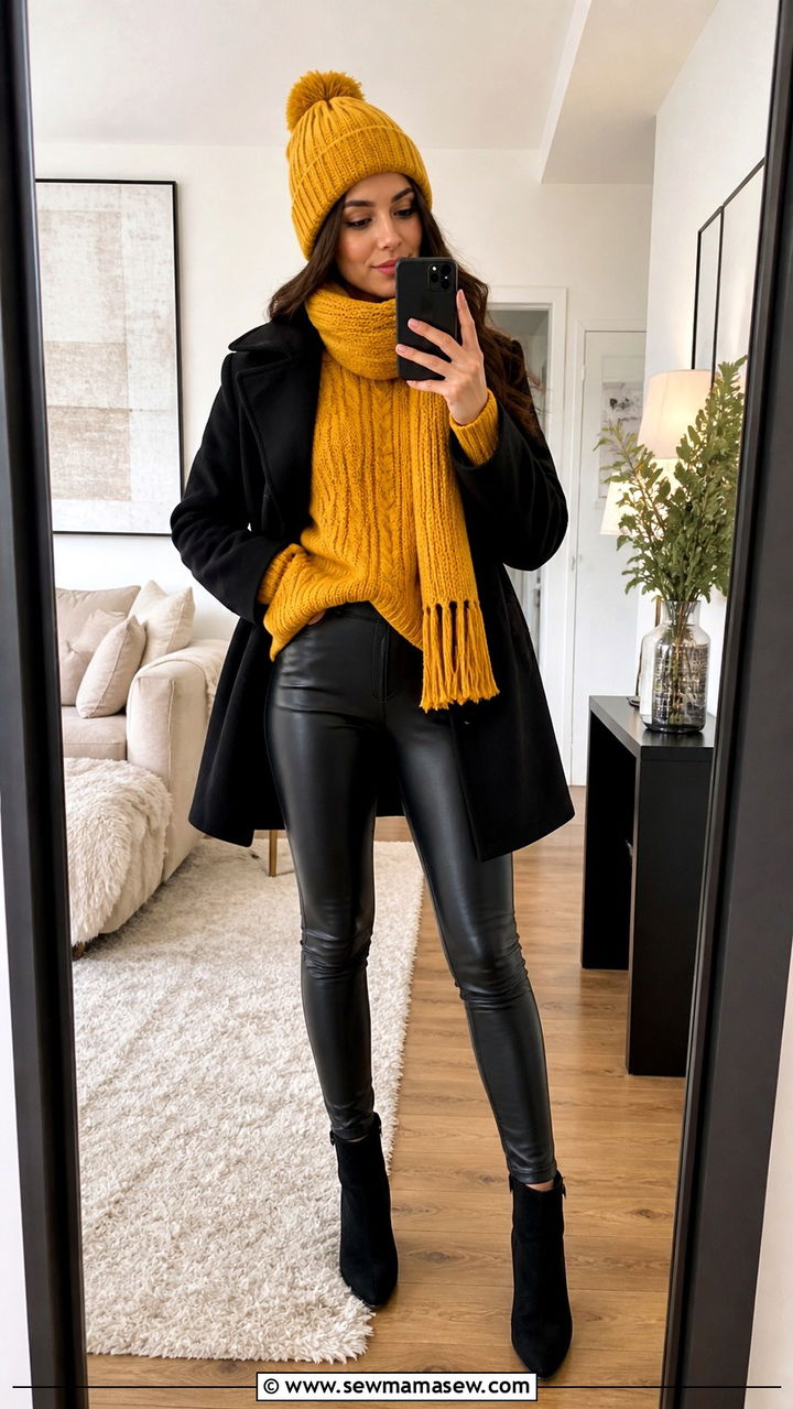 Mustard yellow sweater with black leggings and ankle boots - 40 All yellow outfit ideas