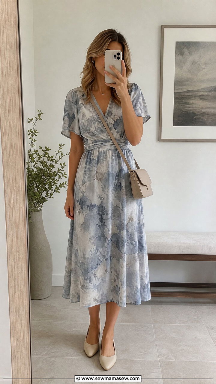 Muted Abstract Print Midi Dress With Neutral Accessories - 25 Funeral outfits for summer