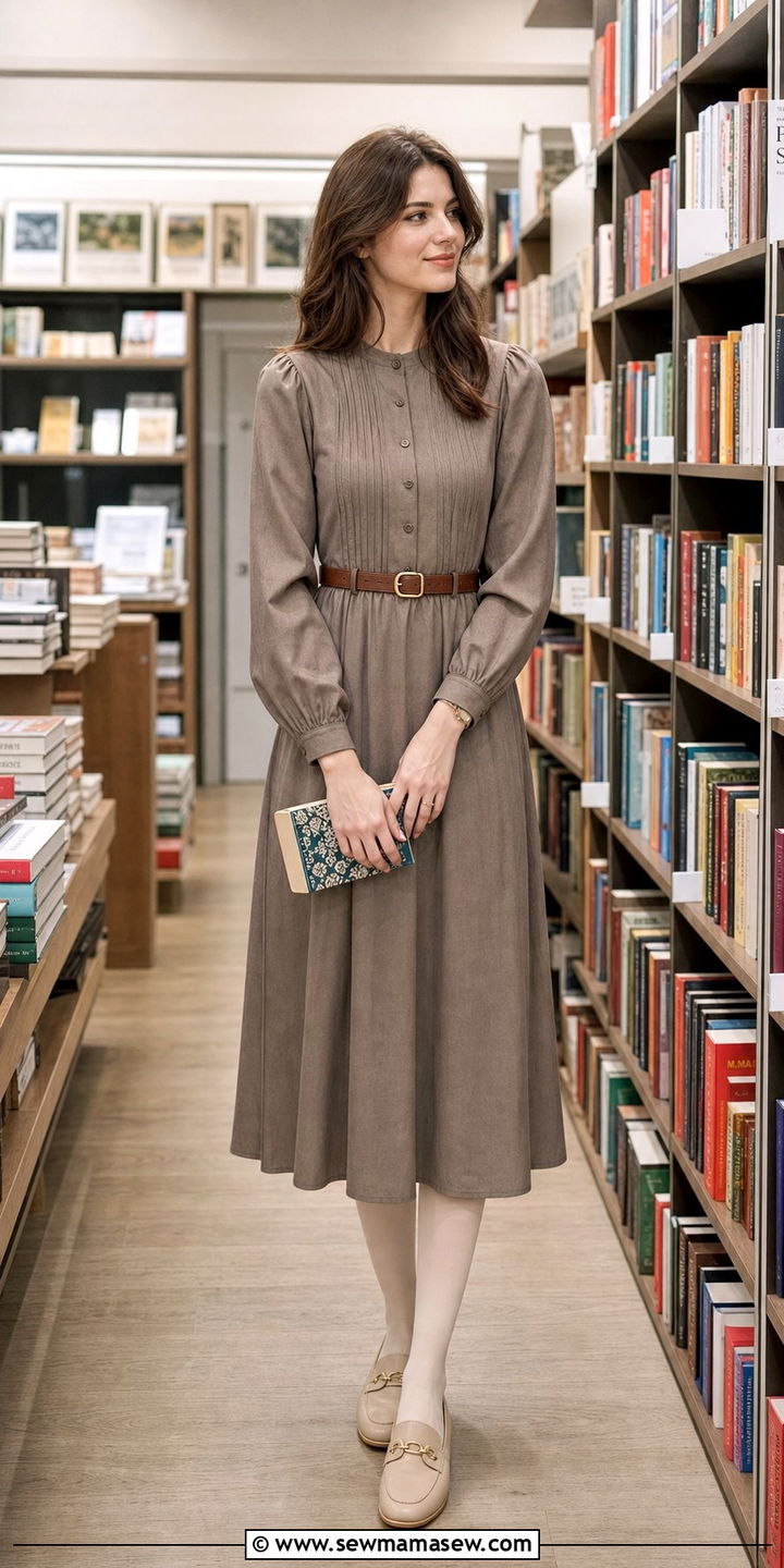 Muted Autumn Midi Dress with Light Tights and Beige Loafers - 25 classy light academia outfits