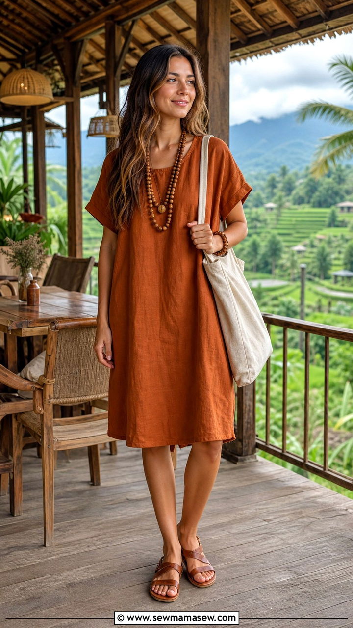 Muted Earth Tone Linen Dress With Leather Sandals - 40 Bali outfit ideas
