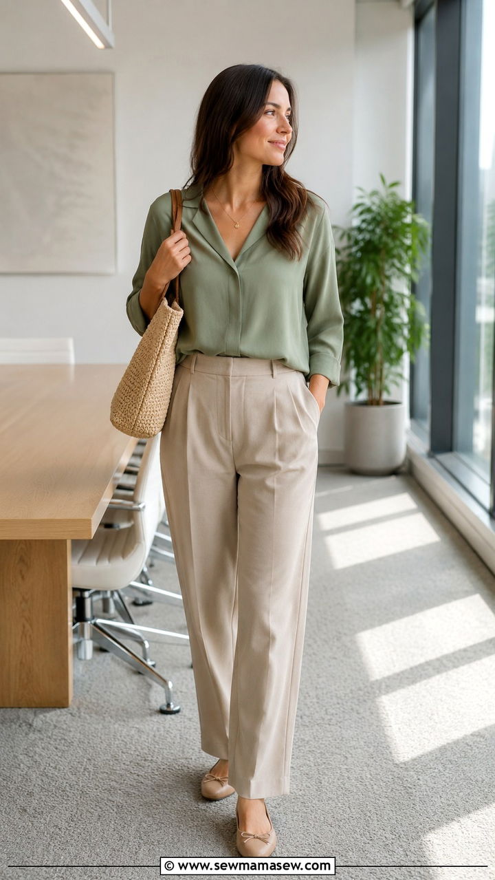 Muted Green Blouse And Beige Trousers For Mediation - 30 Mediation outfit ideas