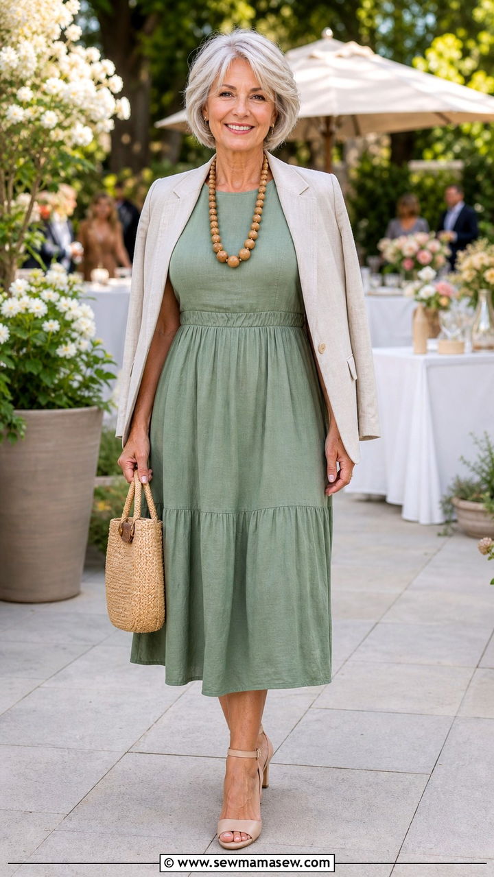Muted Green Dress with Neutral Accessories - 40 Spring outfit ideas for women over 60 2026