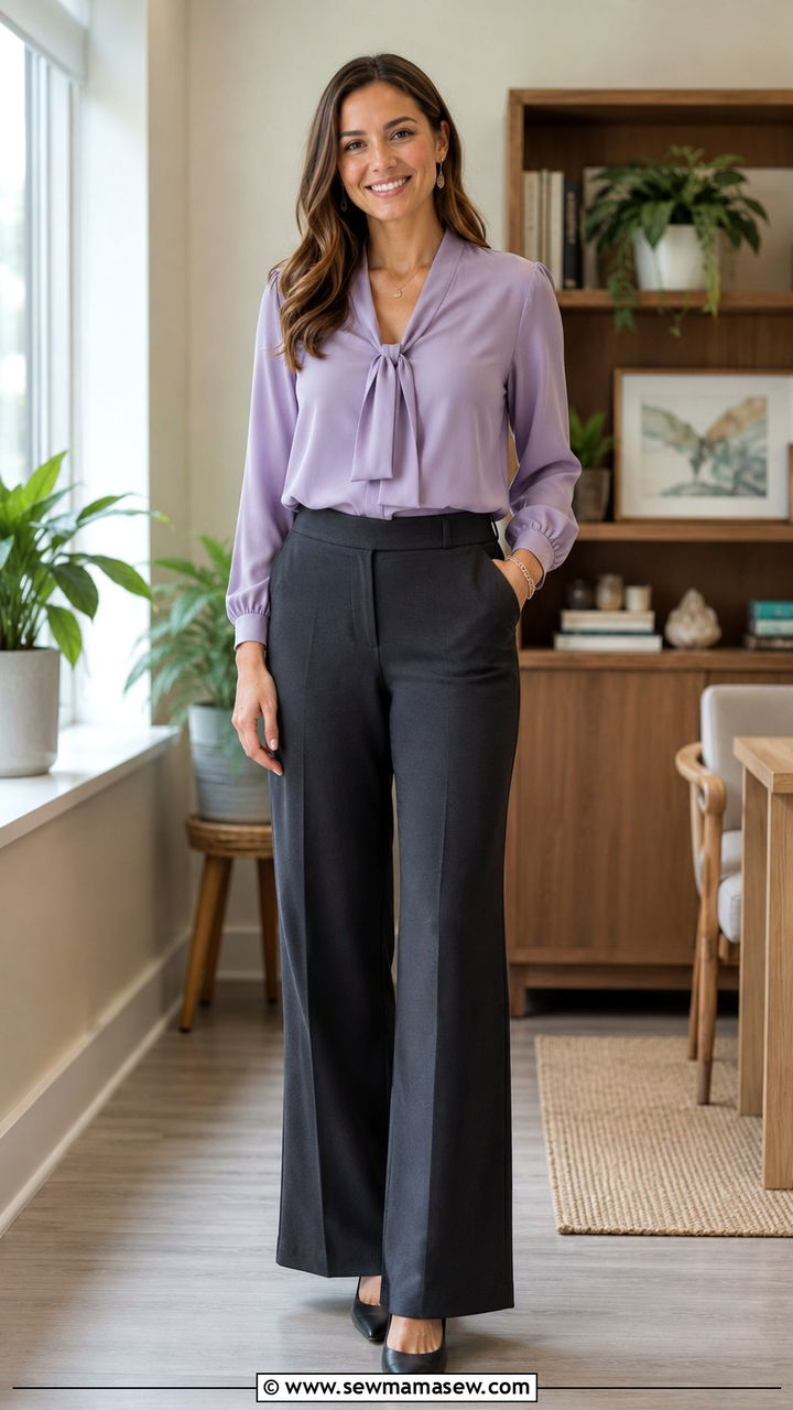 Muted Lavender Blouse With Charcoal Wide Leg Pants - 25 Virtual interview outfit ideas