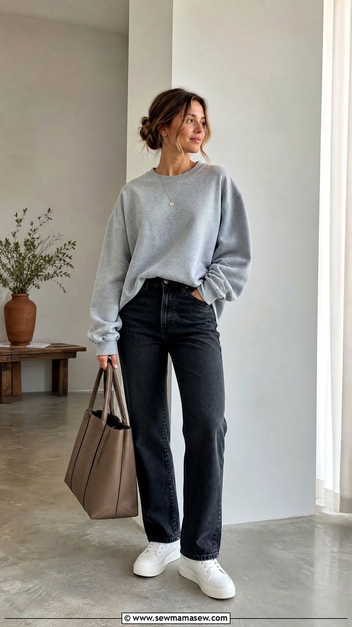 Muted Monochrome Sweatshirt With Dark Jeans And Minimal Sneakers - 30 Elevated mom outfit ideas