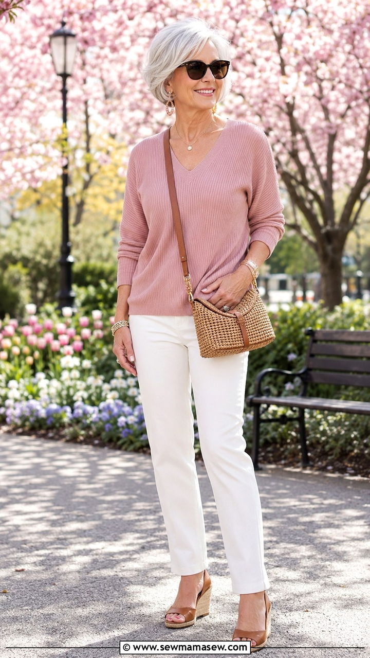 Muted Pink Knit Top With White StraightLeg Jeans - 30 Classy outfits for women over 60