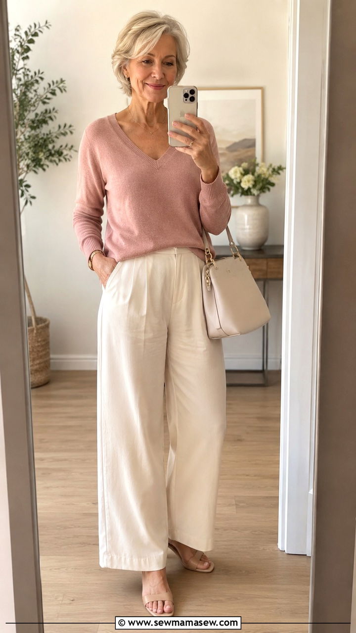 Muted Pink V Neck Knit Top with Cream Wide Leg Pants - 30 Minimalist outfits for women over 60