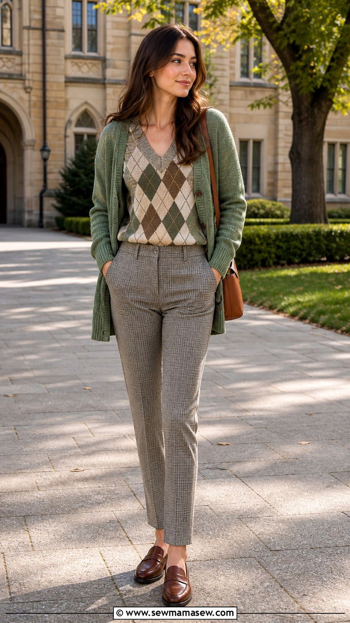 Muted green cardigan with argyle knit and checked trousers - 40 Chic work outfit ideas