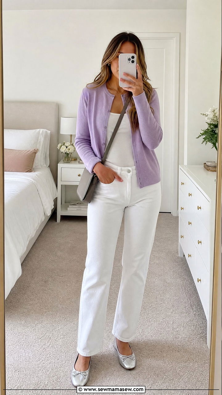 Muted lavender cardigan with white jeans - 30 Muted color outfit ideas