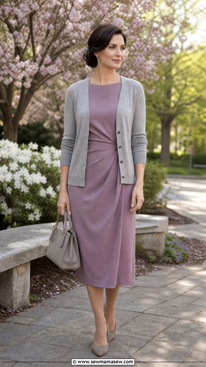 Muted mauve dress with gray cardi - 35 Funeral outfit ideas for women