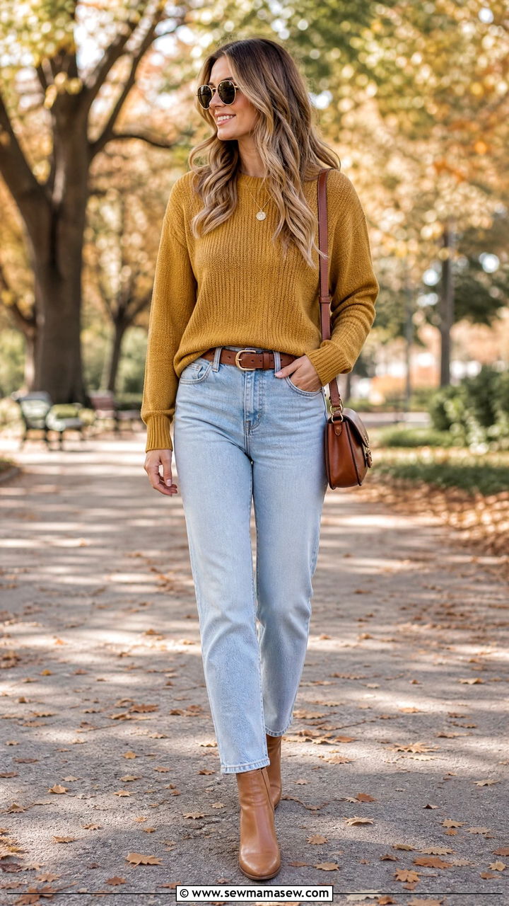 Muted mustard sweater with light wash denim - 30 Muted color outfit ideas
