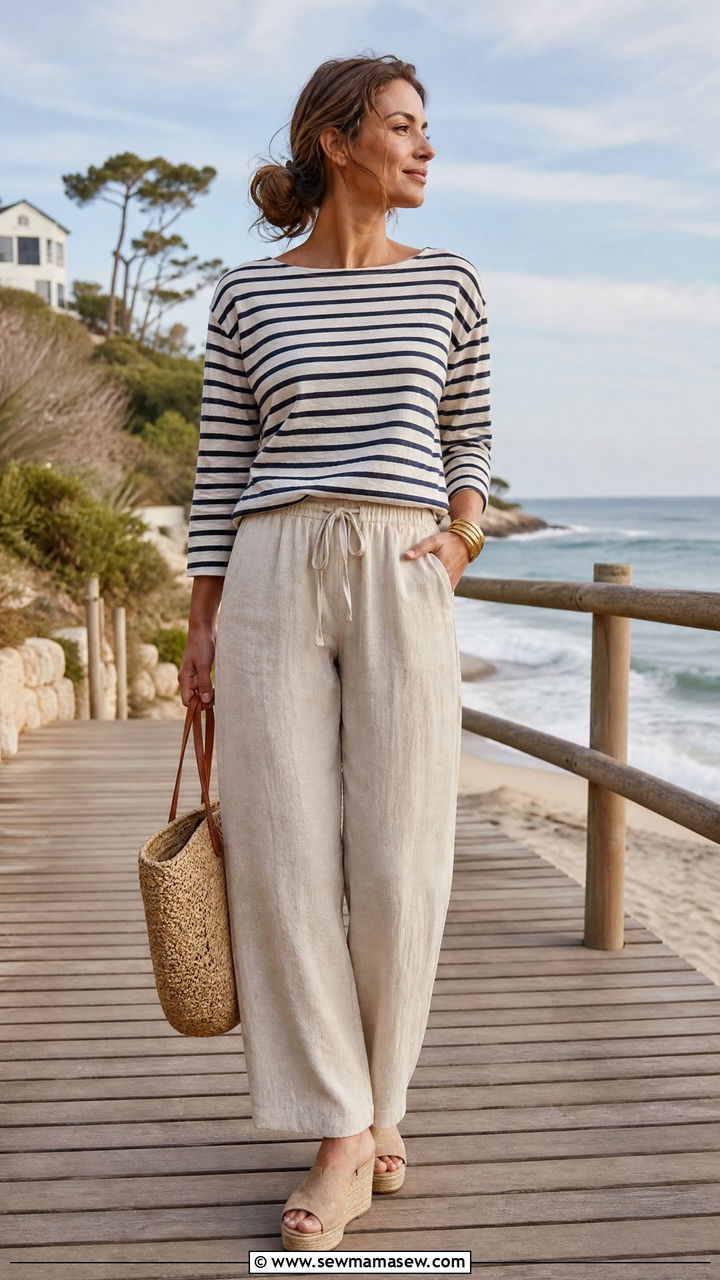 Natural Linen Pants With Striped Breton Top and Espadrilles - 25 Spring outfits with linen pants