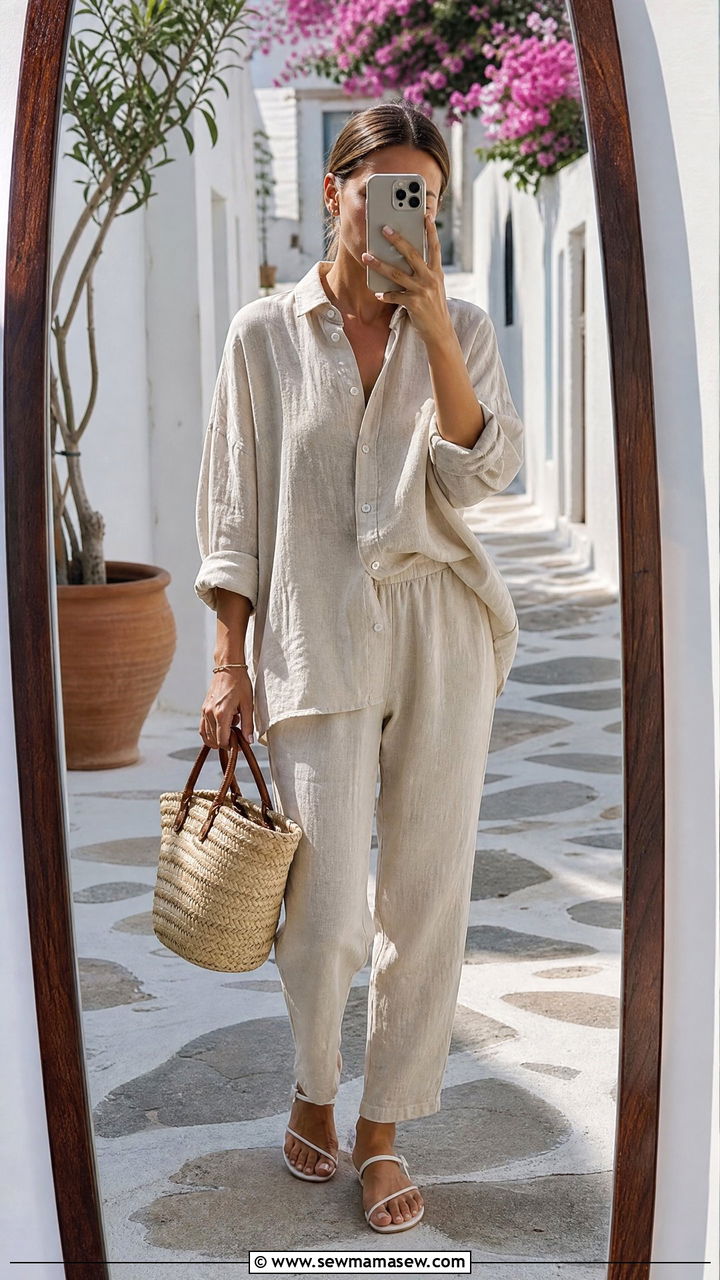Natural linen travel set outfit - 25 Linen matching set outfit ideas
