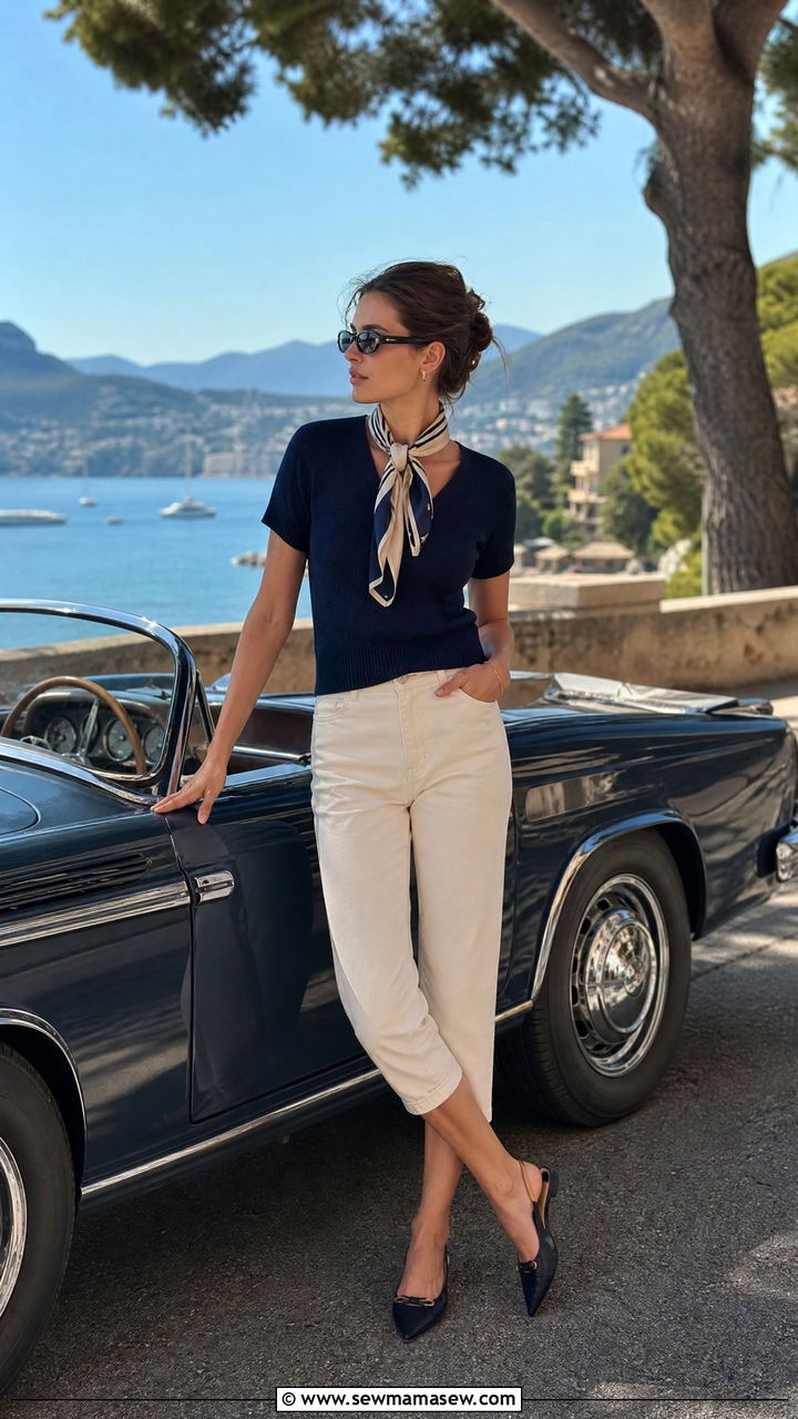 Nautical Knit Top with Capri Pants and Silk Scarf - 30 French Riviera outfit ideas