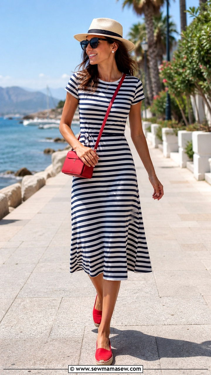 Nautical Stripe Dress With Red Accessories - 40 Coastal summer outfits