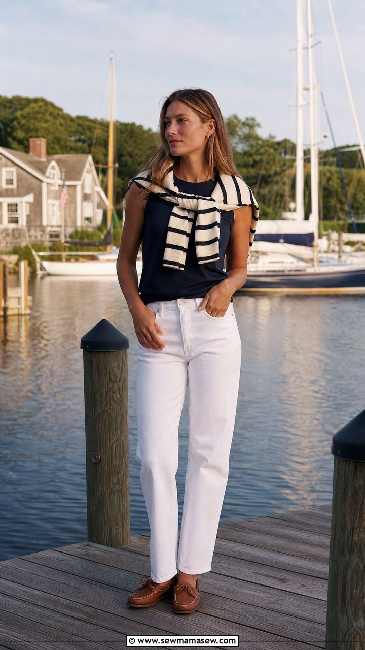 Nautical Stripe Sweater with White Jeans - 30 Summer cottage outfits