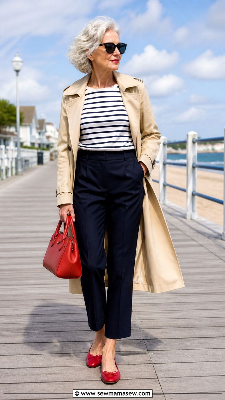 Nautical Stripe Top with Navy Trousers - 40 Spring outfit ideas for women over 60 2026