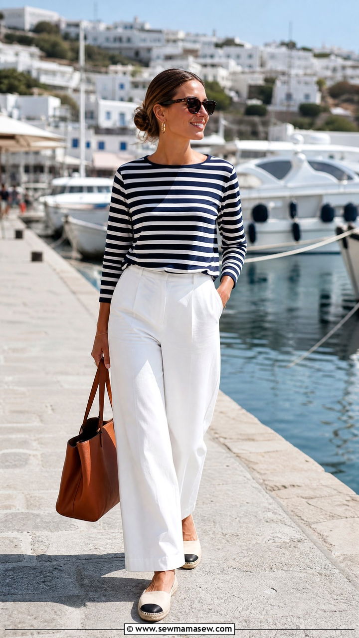 Nautical Stripe Top with White Wide Leg Pants - 30 Greek island outfits