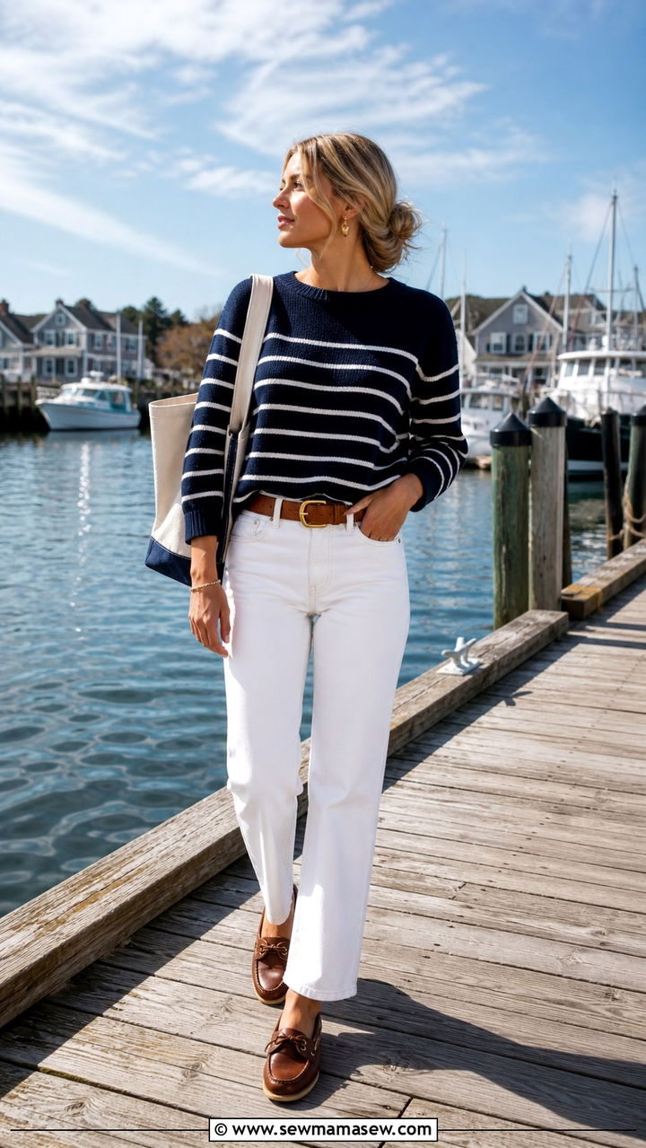 Nautical Striped Sweater With White Jeans And Boat Shoes - 40 old money outfits