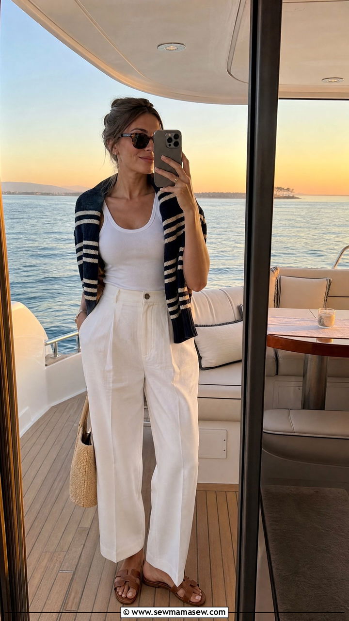 Nautical Striped Sweater and White Trousers Outfit - 25 Yacht outfit ideas 2026