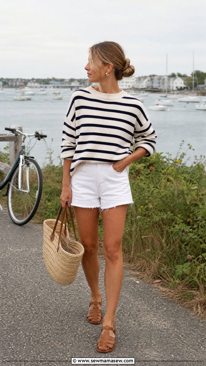 Nautical Striped Sweater with White Denim Shorts - 30 Coastal grandmother summer outfits