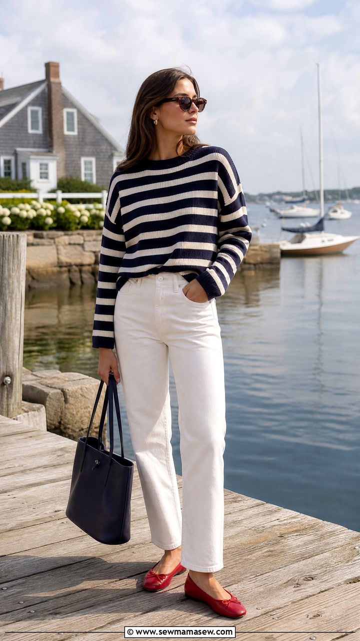 Nautical Striped Sweater with White Jeans and Red Ballet Flats - 25 Old money outfit ideas for travel