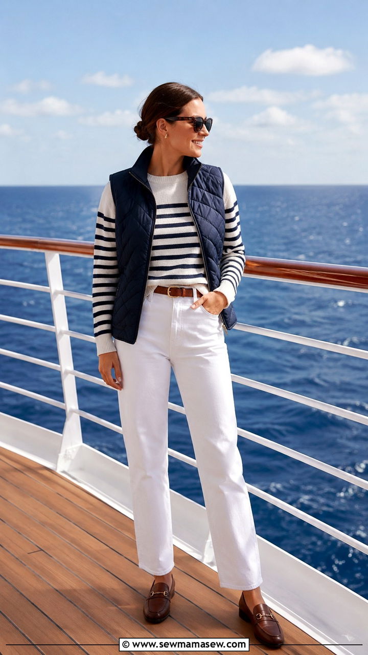 Nautical Striped Sweater with White Jeans - 30 chic cruise outfits for women