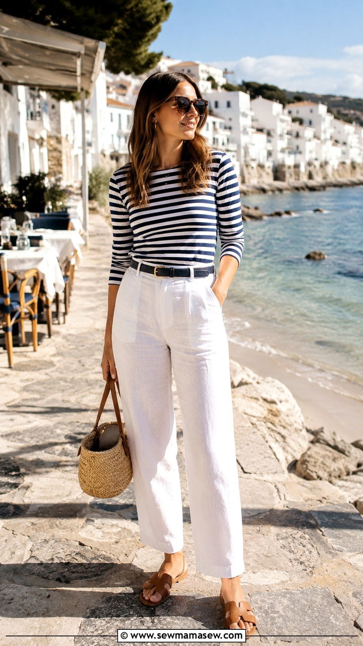 Nautical Striped Top And White Trousers Outfit - 25 Mid century outfit ideas