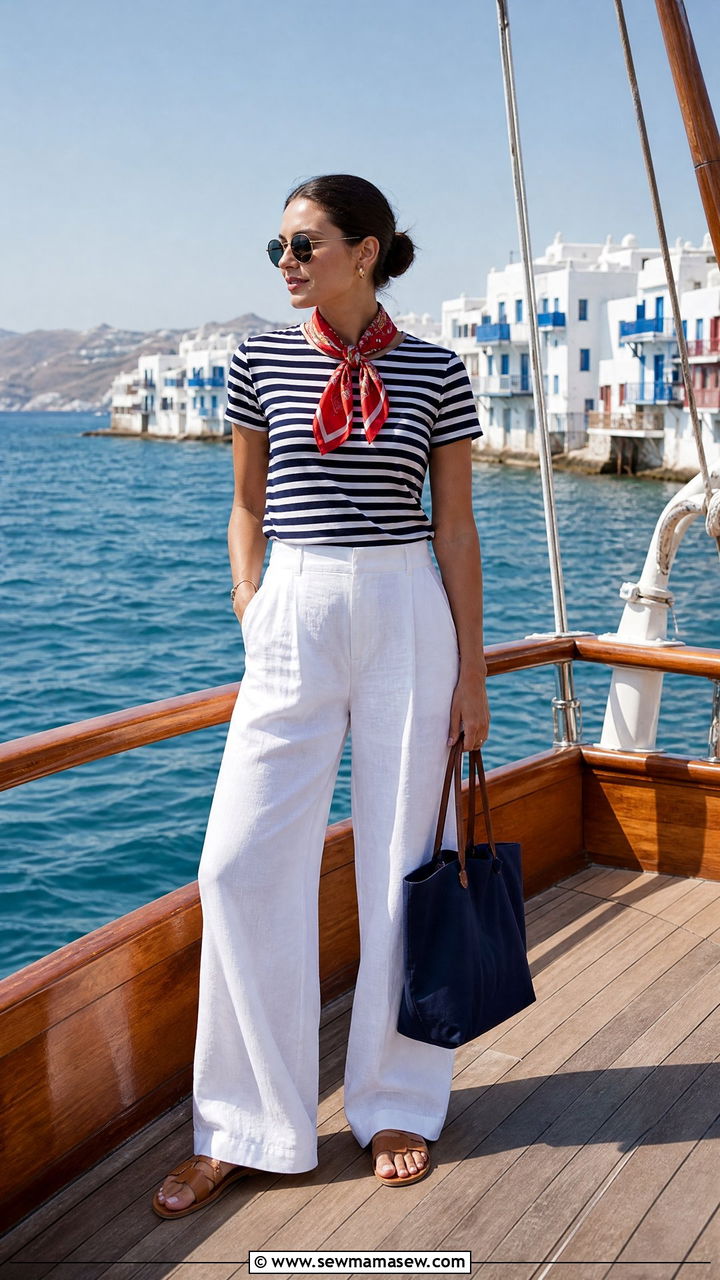 Nautical Striped Top And Wide Leg White Trousers - 30 Mykonos vacation outfit ideas