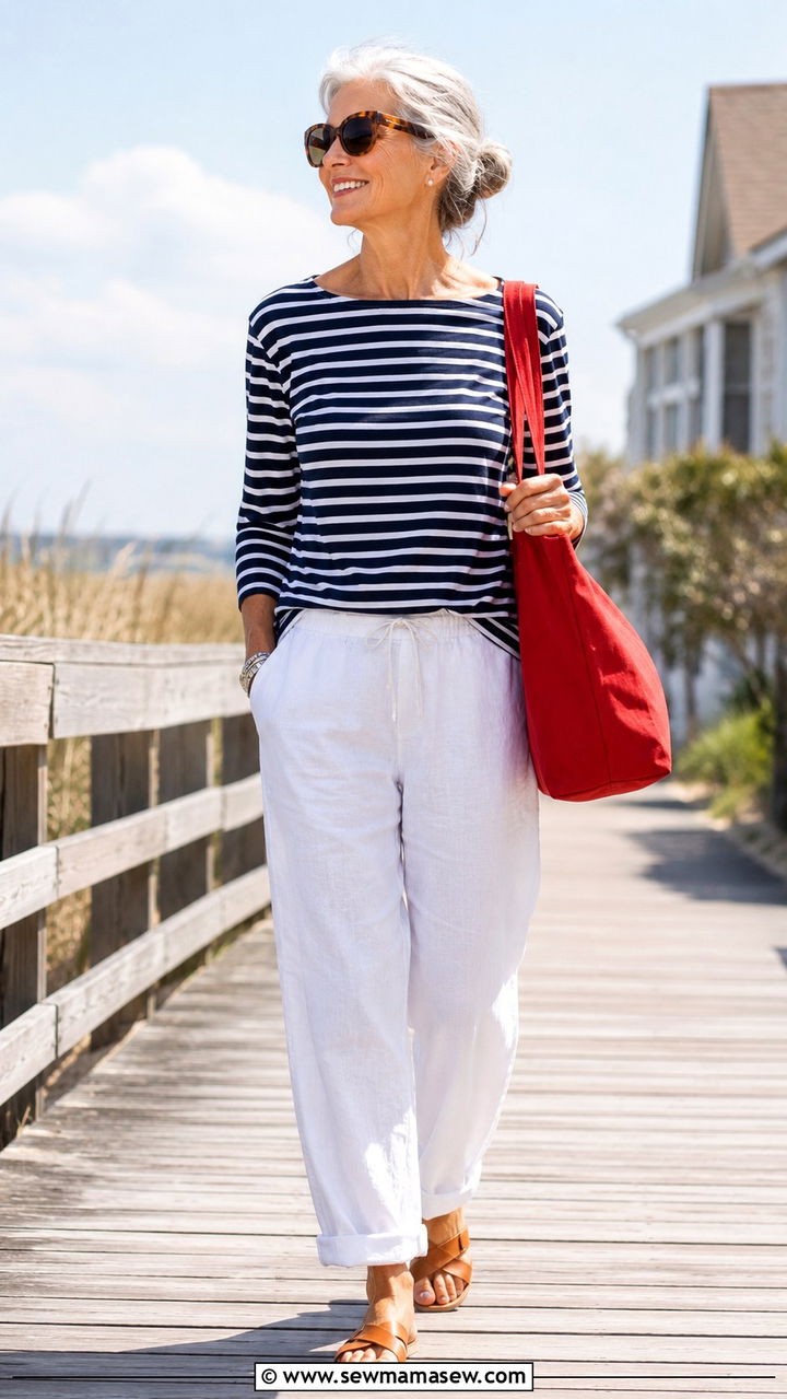 Nautical Striped Top With Relaxed White Pants - 30 Travel outfits for women over 60