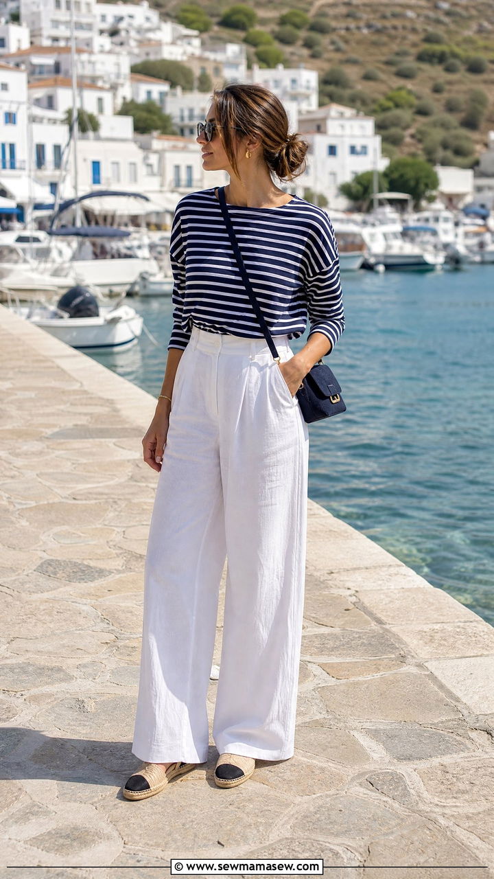 Nautical Striped Top and White Wide Leg Pants - 35 Greece summer outfit ideas