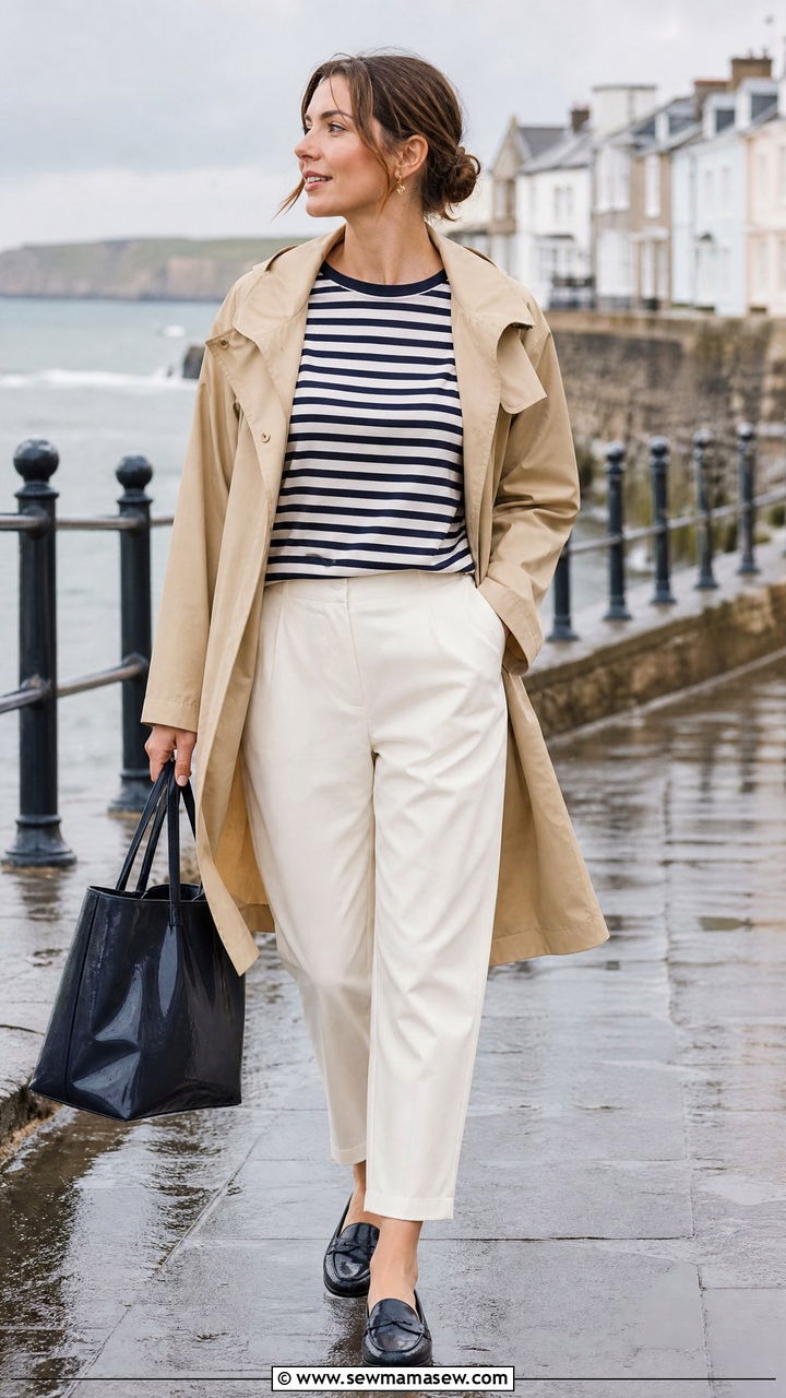 Nautical Stripes with Relaxed Trousers and Waterproof Loafers - 30 summer rainy day outfit ideas